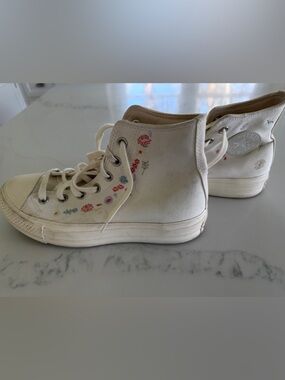Converse Cream High Top Sneakers with Multicolor Floral Embroidery
